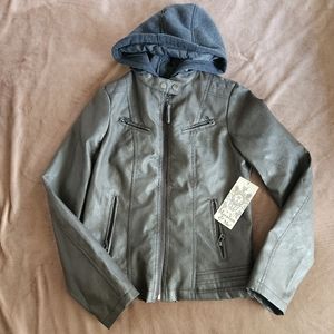 Grey (faux) Leather Jacket with Hoodie